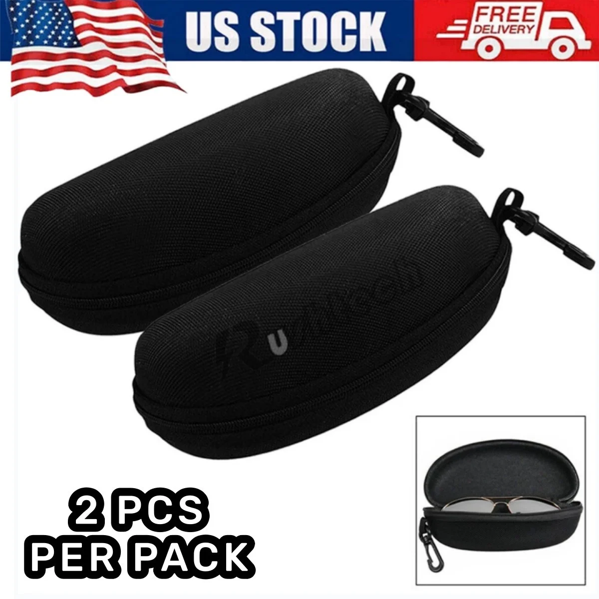 2 Pack Sunglasses Eyeglasses Case Zipper Portable Hard Shell Box With Clip Black 4