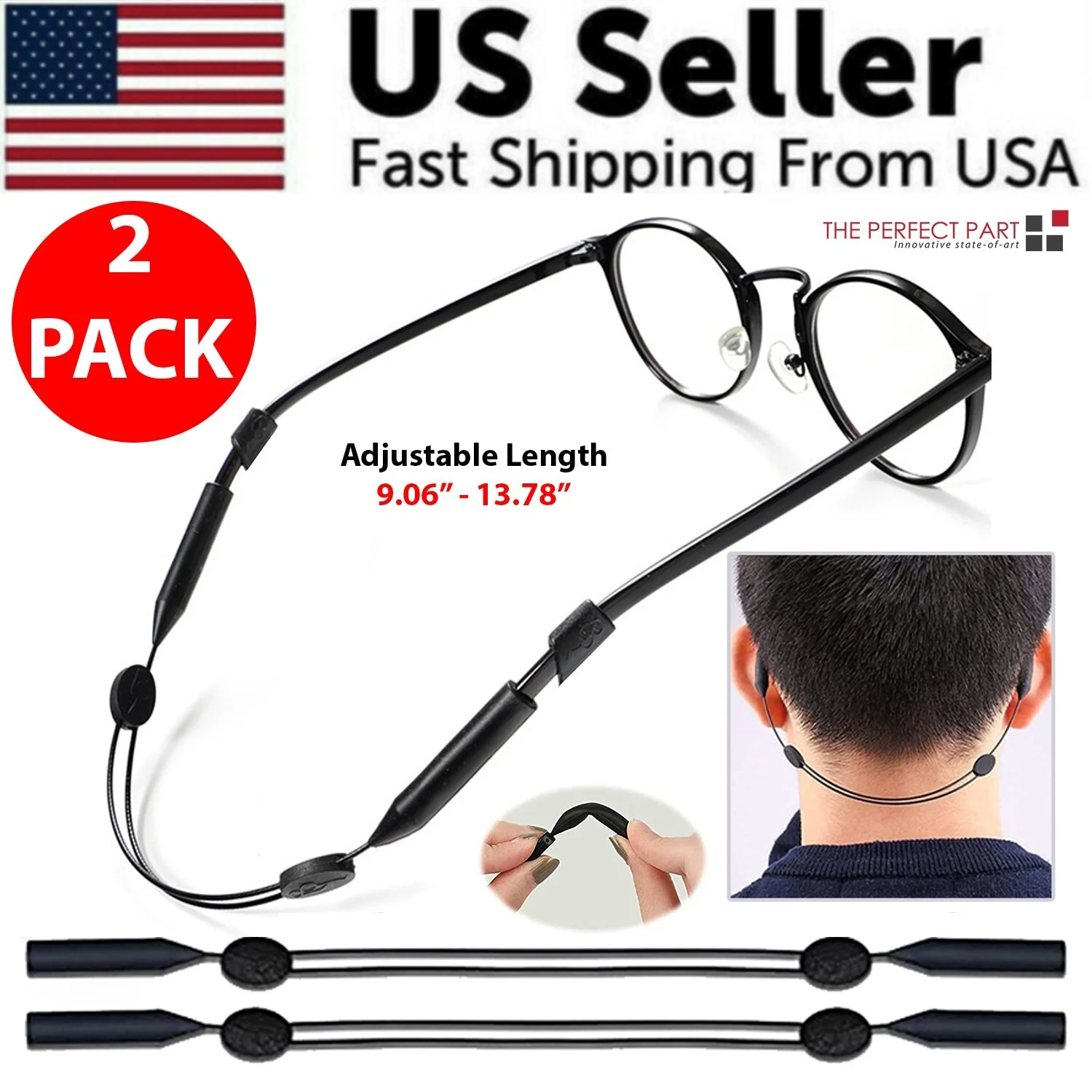 2x Black Eyeglasses Strap Neck Cord Sports Sunglasses Holder Rope String 3