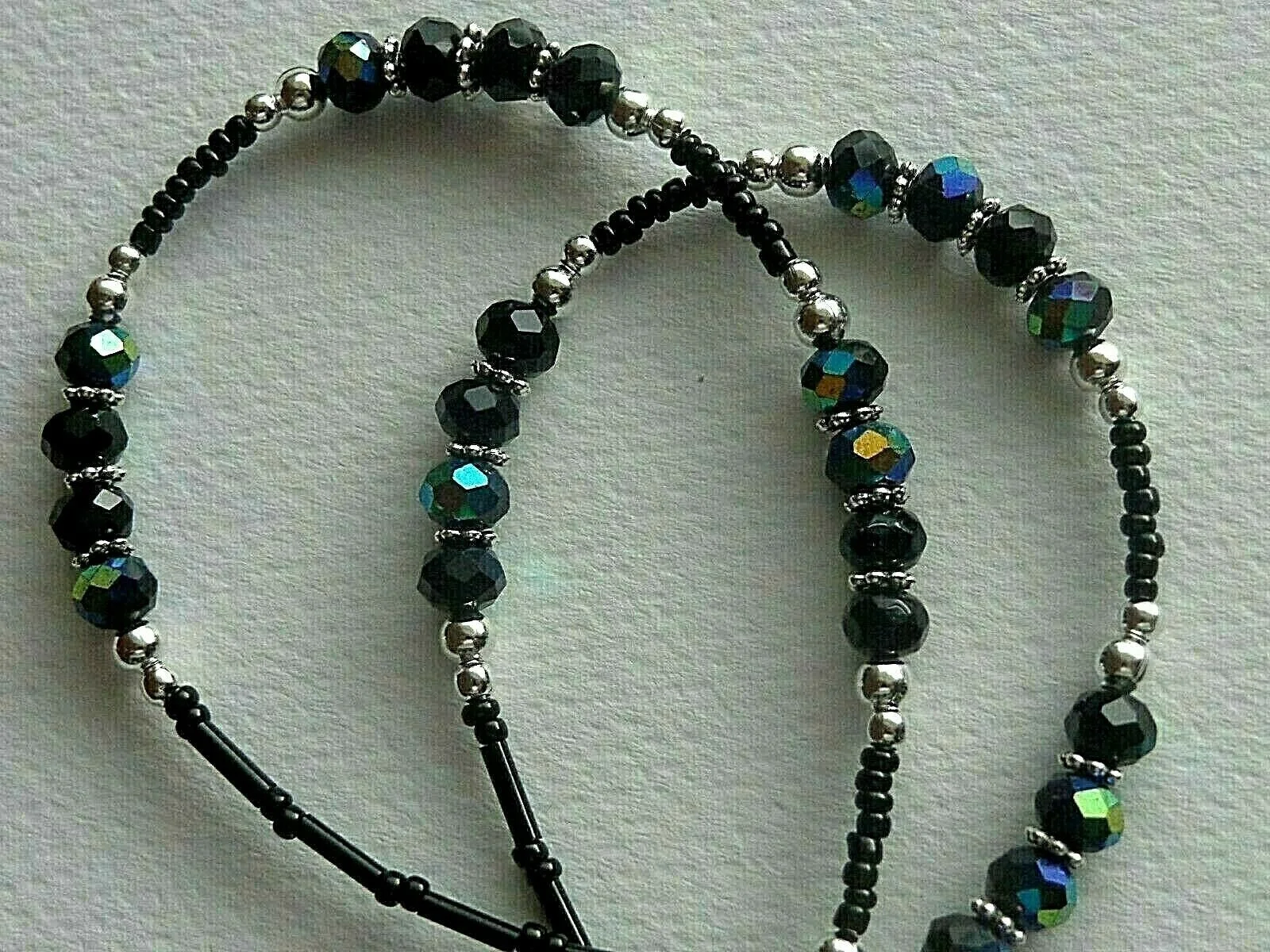 IRIDESCENT BLACK CRYSTAL EYEGLASSES HOLDER READERS CHAIN NECKLACE LOBSTER CLASPS