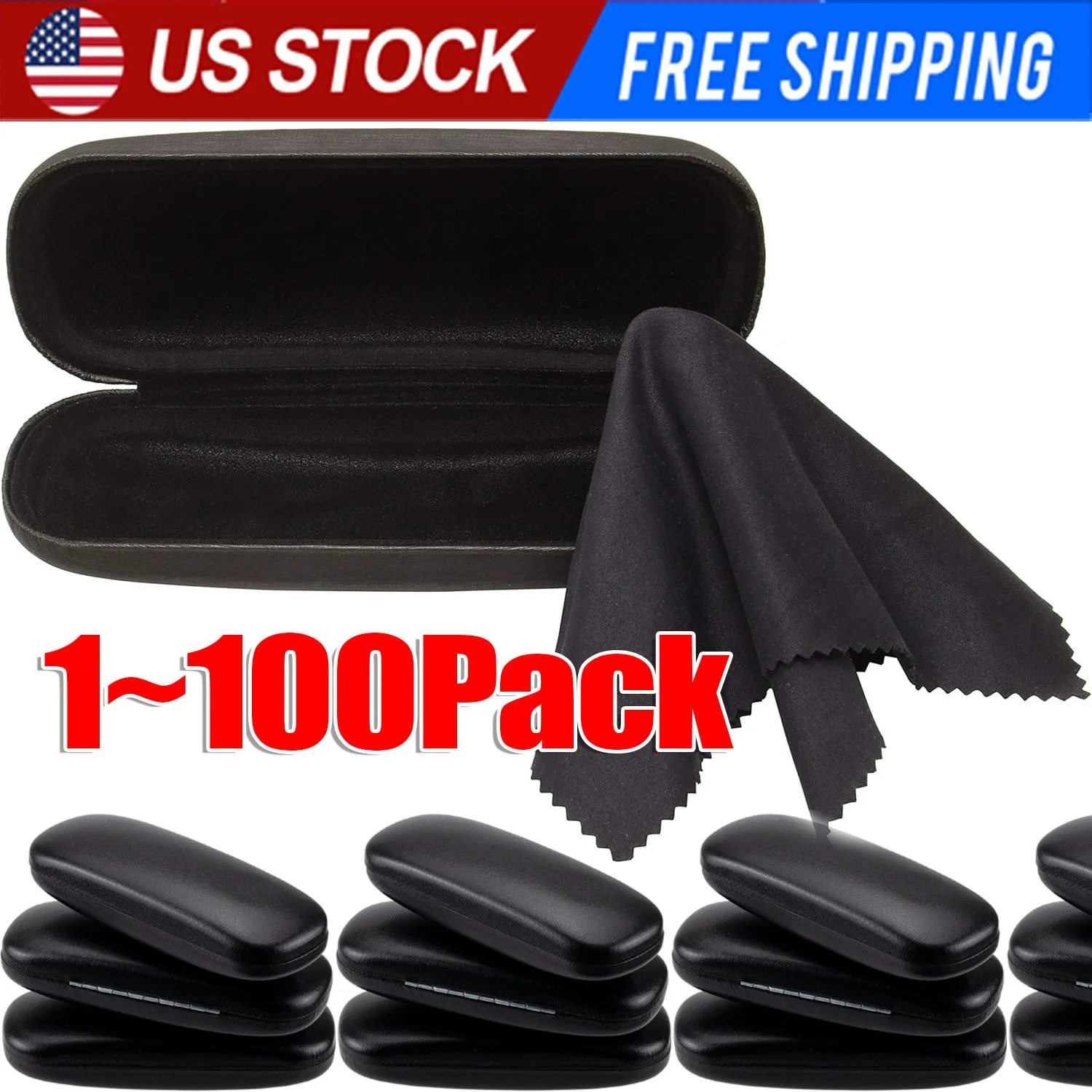 NEW Clam Hard Eyeglasses Glasses Case Black w/ Microfiber Cleaning Cloth 4